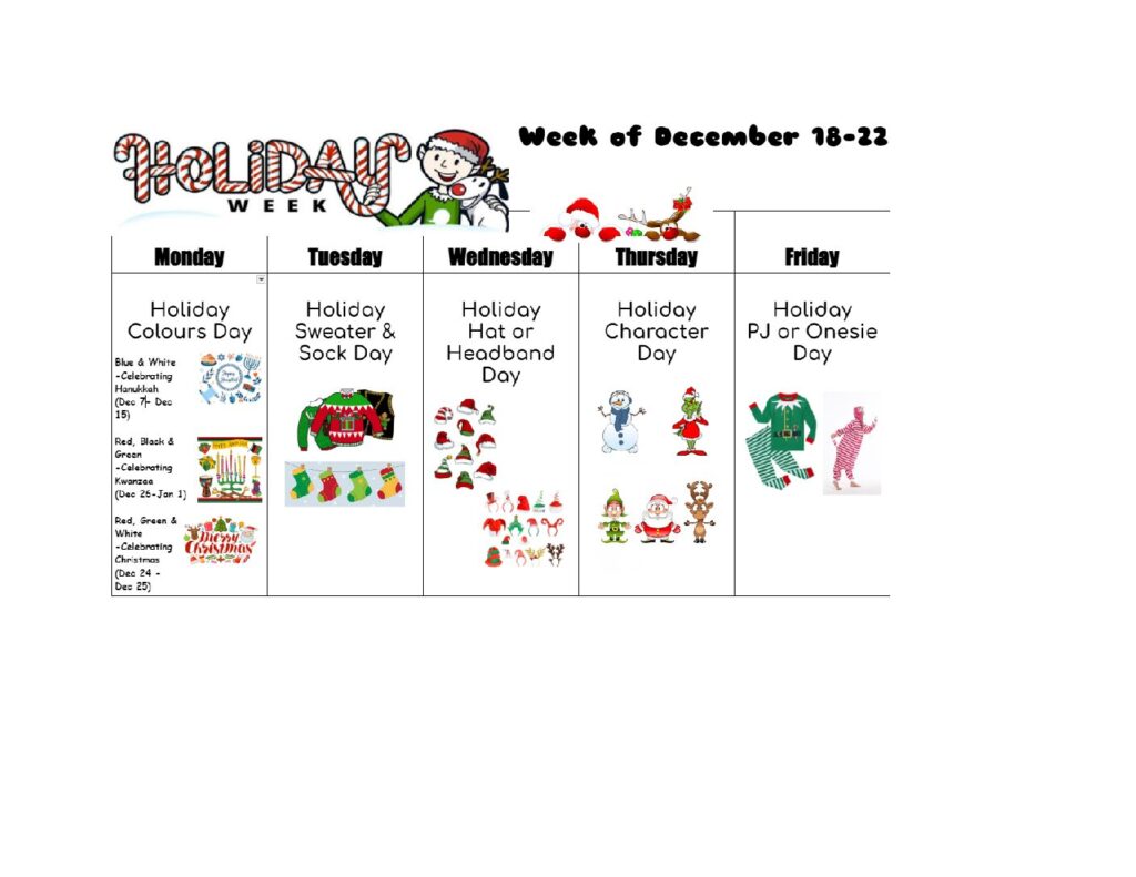 Spirit Week Schedule for December 18-22