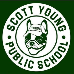 School mascot (terrier) surrounded by Scott Young Public School
